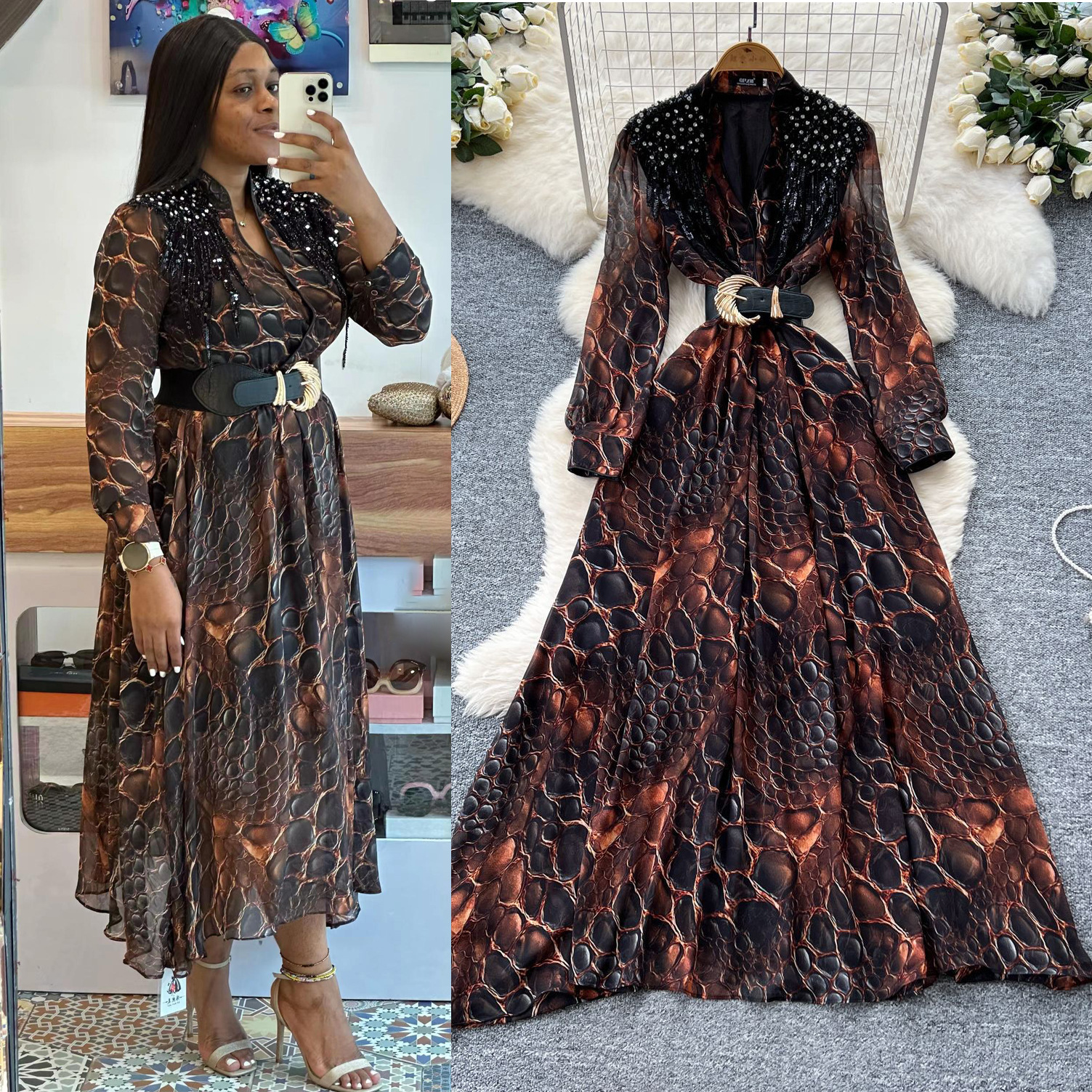 High-end Fashionable Dress with Beaded Embroidery, V-neck, Cinched Waist,  Long Sleeve and Leopard Print| Alibaba.com