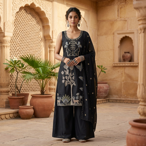 Conjunto de 3 Piezas de Ropa Étnica India al por Mayor, Kurta Bordada, Palazzo y Dupatta para Mujer - Product Image 1