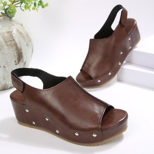 Sandales compensées noires et marron à bout amande, boucle monobloc, doublure en cuir synthétique, talon de 6,0 cm, chaussures pour femmes - Product Image 3