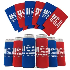 USA Amerikanische Flagge Rot Weiß und Blau Thema Schlanke Dünne Dose Neopren Kühler Hülle-6er Pack Bier Weiß Koozies