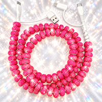 Kabel Charger HP 4 in 1 Hot Pink Berhias Rhinestone dan Manik-manik, USB Type C, Kabel Multi Charging, Kabel Transfer Data Kristal