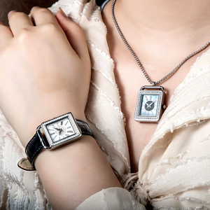 Foksy vente en gros personnalisé Quartz Zircon <span class=keywords><strong>pendentif</strong></span> collier <span class=keywords><strong>montre</strong></span> pour femmes Bracelet en acier inoxydable boîtier carré <span class=keywords><strong>montre</strong></span> avec mouvement - Product Image 1