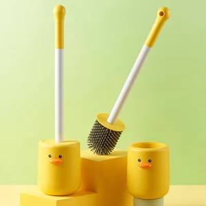 1 Juego de cepillos de limpieza para inodoro con diseño de pato amarillo pequeño, cepillo de silicona creativo para montar en la pared, herramientas de limpieza - Product Image 1
