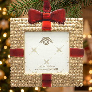 Square Metal <b>Christmas</b> Ornament 2x2 in Red and Gold Glossy Finish Handcrafted Decor Indoor Use - Product Image 3