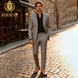 Traje de Lana para Hombre, Corte Slim Fit, Color Gris Claro, Estilo Europeo, Conjunto de Blazer Formal a Medida, Ideal para Sesiones Fotográficas Urbanas - Product Image 1