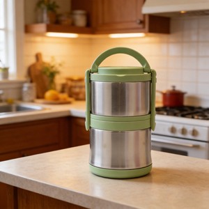 Stainless Steel Vacuum Insulated <b>Lunch</b> <b>Box</b> Double Layer Sealed Portable With Spoon Cylinder Shape Solid Color Pink Blue Green - Product Image 2