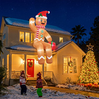 Omino di Pan di Zenzero Gonfiabile Natalizio con Cappello da Babbo Natale e Scatola Regalo, Decorazione da Giardino Gonfiabile per Esterni con LED Integrati