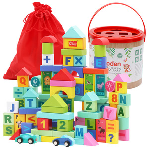 Bestseller New Solid Wood 100 Pieces DIY Stacking Building Block Sets Car Letter Educational Learning Toys for Kids Boys Girls - Product Image 1