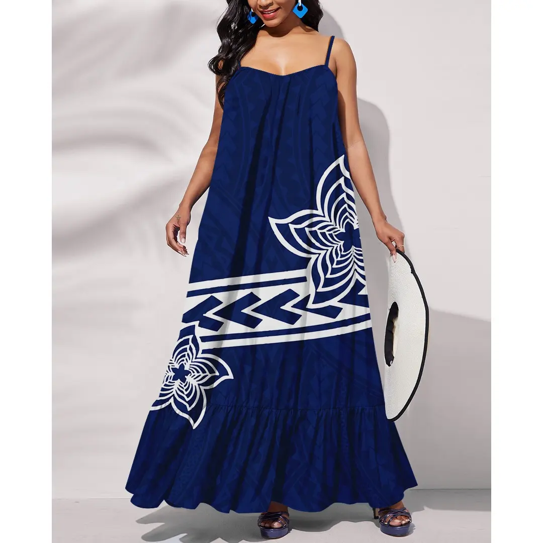 Bekleidungs hersteller Custom Navy Blue Plume ria Print Sexy Sling Maxi kleid Polynesian Hawaii Big Size Freizeit kleid