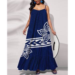 Fabricants de vêtements personnalisés bleu marine Plumeria imprimé Sexy écharpe longue robe polynésienne hawaïenne <span class=keywords><strong>grande</strong></span> taille robe décontractée <span class=keywords><strong>2023</strong></span> - Product Image 1