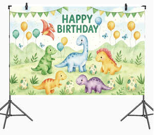 Toile <span class=keywords><strong>de</strong></span> fond d'anniversaire mignonne avec dinosaures, fond photo aquarelle jungle dinosaure pour enfants garçons, décoration d'anniversaire safari - Product Image 1