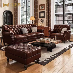 طقم أثاث غرفة المعيشة الأوروبي بتصميم أمريكي كلاسيكي من الجلد، أريكة Chernsfield مربعة بصف مستقيم وسحاب - Product Image 2