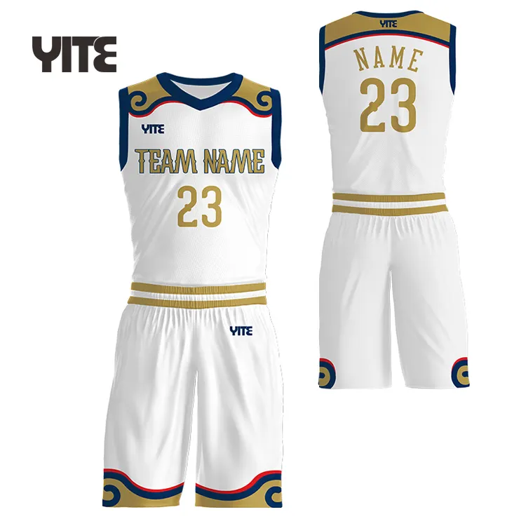 OEM Customized Basketball Jerseys Shorts Sublimation White and Gold Basketball Team Uniforms Wear