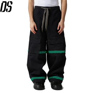 14 oz Denim Cargo Pocket Baggy <strong>Jeans</strong> with <strong>Drawstring</strong> Waist Green Piping Contrast Color Wide Leg Denim Pants Out Wear Utility <strong>Men</strong> - Product Image 1