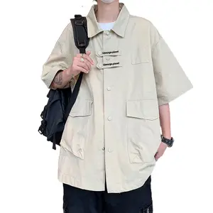2023 vintage pria kemeja gaya hong kong siswa longgar desain pria pakaian luar untuk pria musim panas