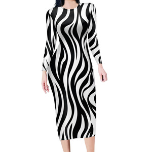 Robe mi-longue à rayures pour femmes, vêtement moulant à manches longues, avec imprimé de zèbre, léopard, de vache, collection - Product Image 3
