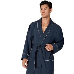 Kimono de Hotel Cinco Estrellas con Cuello Tipo Waffle para Mujer y Hombre, Romántico, Sólido, 100% Algodón, Satén Grueso, ODM, Absorbente, de Secado Rápido, Suave y Lujoso, Azul - Product Image 1