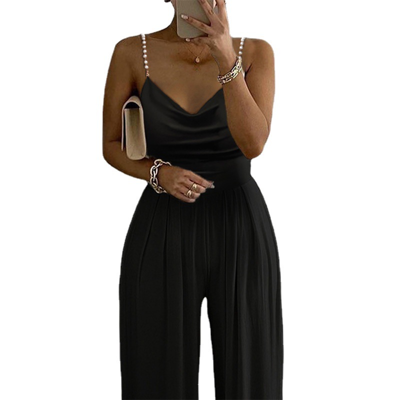 ★理紗★ DROP PEARL SUSPENDER PANTS New Pearl Suspenders Wide Leg Sleeveless V-Neck Backless