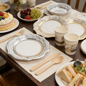 סיטונאי מתכלה אירופאי וינטג' סִגְנוֹן כוסות נייר יוקרתיות צלחות סט כלי שולחן חד פעמיים למסיבה משתה חתונה - Product Image 2