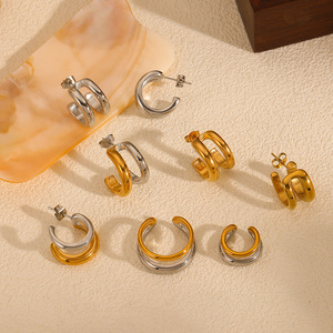 ต่างหูแบบหนีบสไตล์ยุโรปอเมริกัน ดีไซน์เส้นคู่สีตัดกัน ทำจากไทเทเนียมสตีล ชุบทอง 18K รูปทรงเรขาคณิต เรียบง่าย ชุดต่างหูแบบหนีบ - Product Image 3