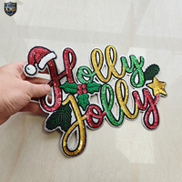Patchs personnalisés en gros, grands, brodés en chenille, à paillettes et sequins, motifs lettres de Noël 'Holly Jolly', thermocollants et à coudre, pour vêtements, chapeaux et sacs