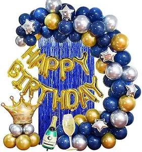 Decorations Blue Silver and Gold Party Balloons for Boys Friends Men Teens with Happy Birthday Banner Crown Champagne Balloons