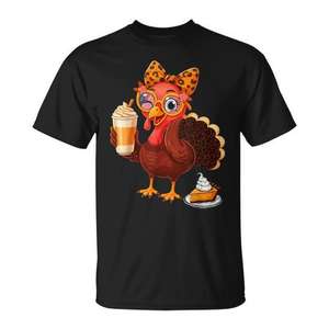 T-shirt con stampa leopardata del caffè e della tacchino del Ringraziamento, design unisex per adulti - Product Image 1