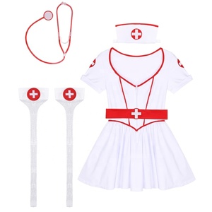 Pakaian pesta Halloween wanita, set kostum perawat 5 potong, gaun pendek kekasih dengan sabuk ikat kepala stetoskop plastik dan stoking - Product Image 4