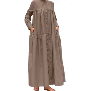 Temperamento cardigan casual colletto alto lungo tinta unita abito di lino di cotone malese indonesiano musulmano donna burqa Kaftan