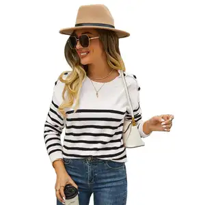 New Design 2024 Women's Striped Sweater with Buttons Soft Yarn Crew Neck Long Sleeve Pullover Neutral Color Knitwear