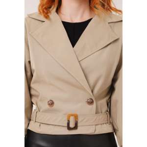 Abrigo corto de mujer Bey, estilo gabardina, doble botonadura, con cinturón, manga larga, tejido, cortavientos, para todas las estaciones, estilo utilitario. - Product Image 3