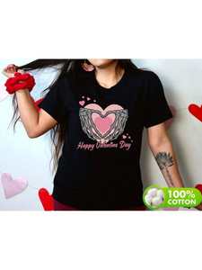 T-shirt unisex con stampa grafica a cuore scheletrico per San Valentino, girocollo, manica corta, in jersey di cotone, casual, primavera estate - Product Image 3