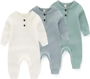 Wholesale Long Sleeve Ribbed Button Jumpsuit Outfit Clothes Cotton Baby Rompers