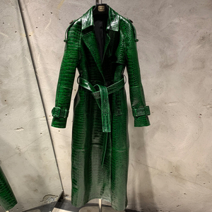 Giacca in Pelle Verde Goffrata Effetto Coccodrillo per <span class=keywords><strong>Donna</strong></span>, Cappotto Lungo con Cintura, <span class=keywords><strong>Trench</strong></span> Vintage Lungo - Product Image 1