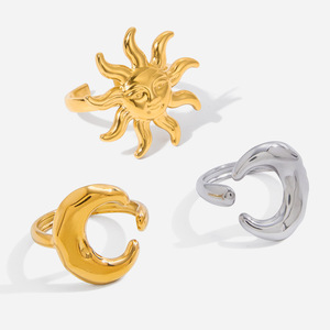 Sun Moon Adjustable <b>Ring</b> Gold Silver Unisex Fashion Jewelry Geometric Shape Face Design Gift - Product Image 1