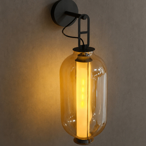Decorative Amber Glass Cylinder <b>Wall</b> <b>Light</b> Black Hardware <b>Wall</b> Sconce For Restaurant Corridor Interior Design - Product Image 3