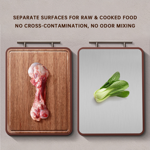 Planche à découper antibactérienne double face en <span class=keywords><strong>bois</strong></span> d'ébène et acier inoxydable <span class=keywords><strong>de</strong></span> haute qualité, séparée pour les aliments crus et cuits, robuste et résistante - Product Image 3
