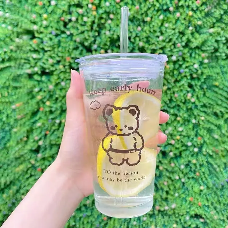 Dễ thương con chó Chai Nước Thủy tinh chịu nhiệt cốc nước với nắp rơm mạnh mẽ và thiết thực sáng tạo phim hoạt hình nước trái cây hộ gia đình cốc