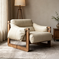 Fauteuil d'appoint en bois massif de style mid-century, avec coussin en cuir, design ergonomique, coussin amovible, finition antique pour salon