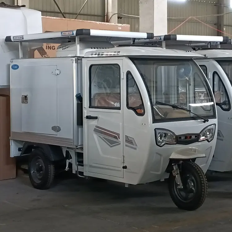 Produsen Tiongkok penjualan paling laris sepeda motor roda tiga dengan kabin beku untuk pengiriman kargo berpendingin
