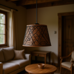 Abat-jour de plafonnier en osier marron, forme conique moyenne, incrustations décoratives, élégant cache-lampe - Product Image 2