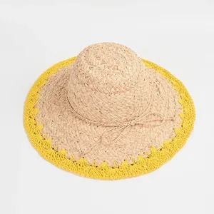 Wholesale Summer Two Colour Round Crown Wide Brim Sun Hat Crochet Paper Edge Raffia Women Beach Straw Hat