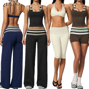 LIANJ Women's 2 Piece Yoga Set Striped <b>Crop</b> Top High Waist <b>Leggings</b> Breathable Spandex Polyester Workout Activewear - Product Image 1