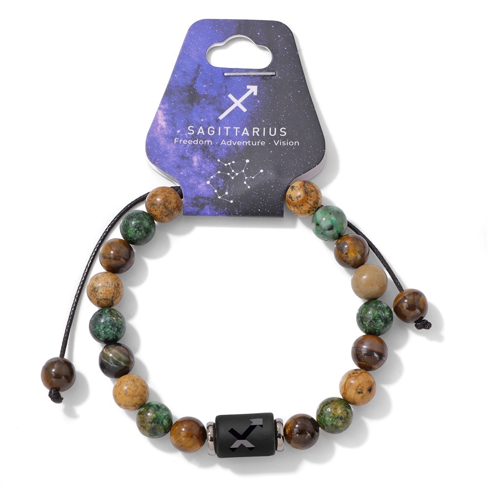 Pendentif Sagittaire en pin africain, pierre tigrée jaune, bracelet tissé.