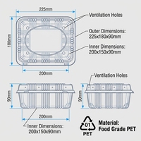 Boîte à sandwichs, pâtisseries, pains, gâteaux, fruits avec trous de ventilation, respirante, haute transparence, PET écologique, couvercle transparent 225x180x90MM