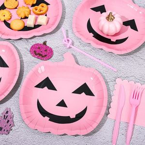 Pink Halloween Pumpkin <b>Paper</b> Plates Disposable Tableware Set Heavy Duty Party Supplies For Halloween Decorations - Product Image 1