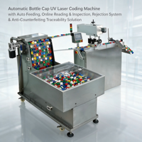 Machine de codage laser UV automatique pour bouchons de bouteilles avec alimentation automatique, inspection visuelle, lecture de codes et système de rejet