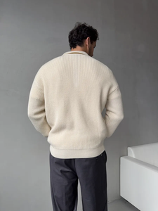 Suéter de punto acanalado de mezcla de lana premium para hombre, con cuello de media cremallera, manga larga, oversize, cálido, informal, para otoño, con logo frontal - Product Image 4
