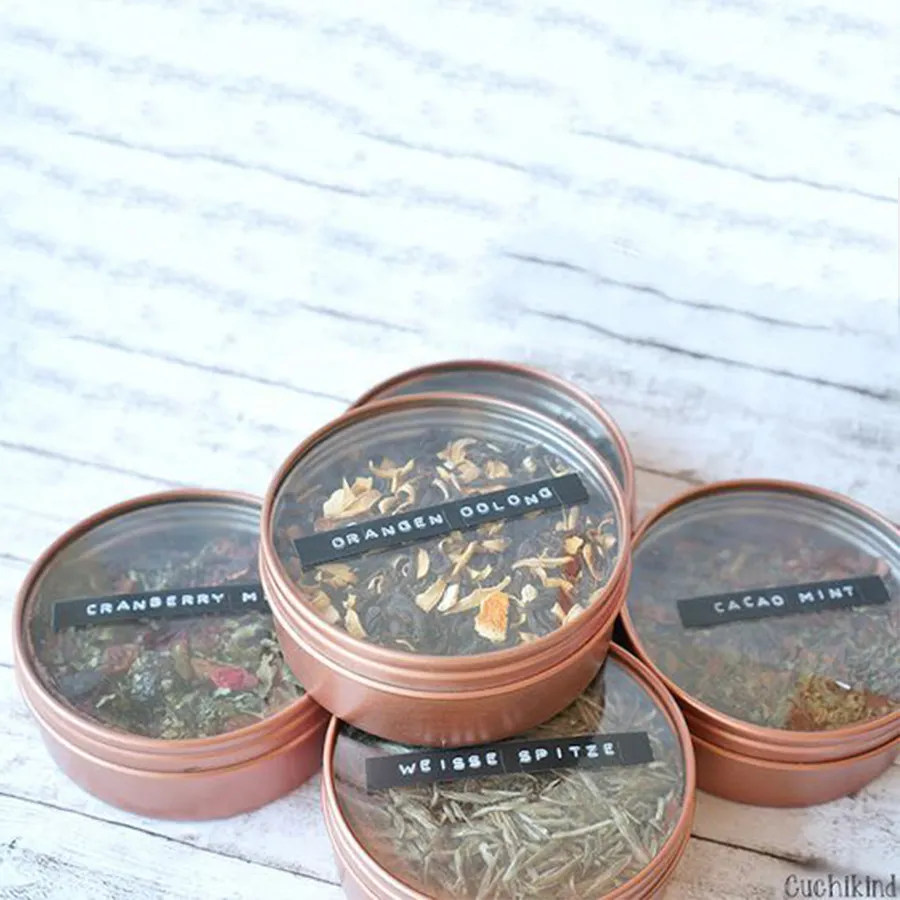 Customize sticker empty flower tea tin clear lid window food grade candy tin round tea rose gold tin