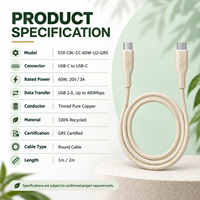 Câble de charge rapide USB-C vers USB-C OEM 60W certifié GRS 100% recyclé PD Type-C pour téléphones, ordinateurs portables, tablettes, appareils photo